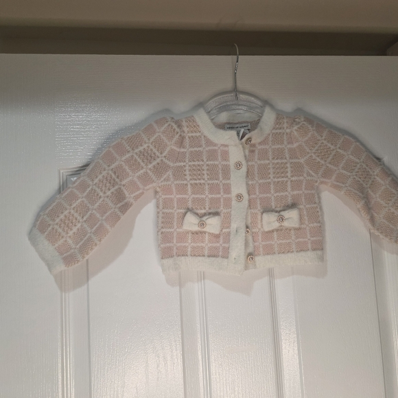 Toddler/Girls (12 Months) Pink and Cream w/Gold Threading Plaid KnitCardigan